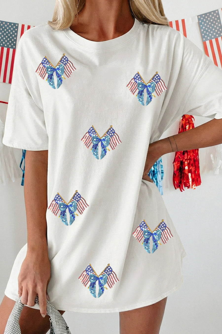 White Sequin American Flags and Bows Tunic Shift T-Shirt