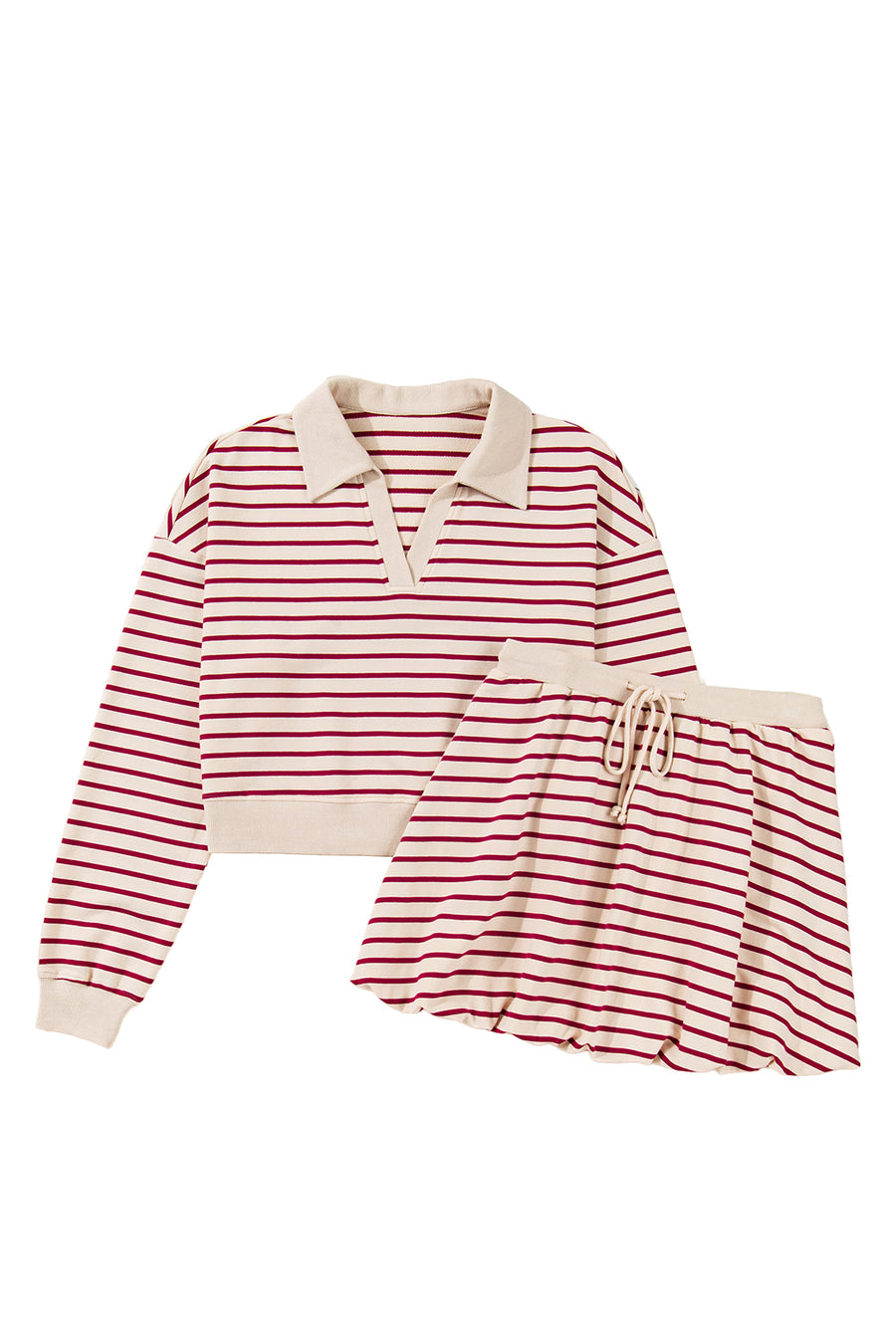 Red Stripe Cropped Collared Sweatshirt and Bubble Mini Skirt Set
