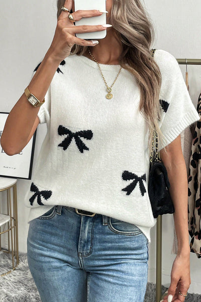 Black Bow Pattern Short Sleeve Knit Top
