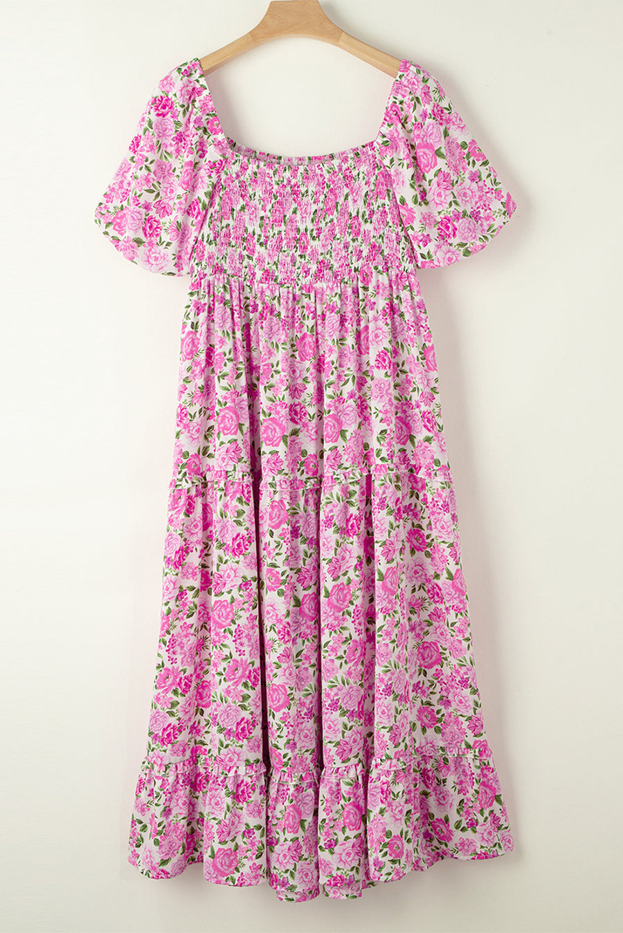 Plus Size Pink Floral Smocked Puff Sleeve Maxi Dress