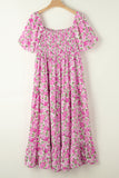Plus Size Pink Floral Smocked Puff Sleeve Maxi Dress