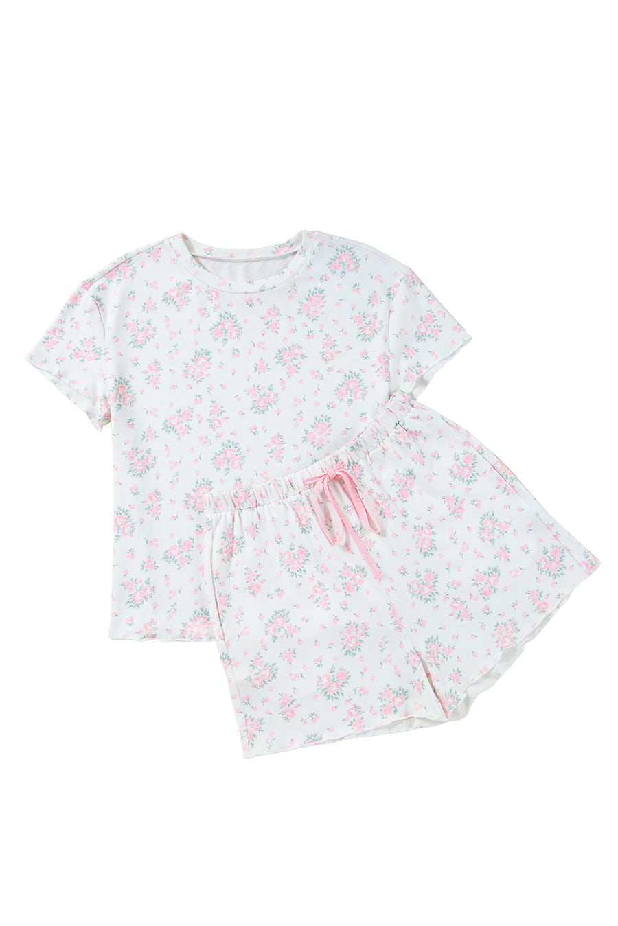 Pink Floral Print Lettuce Trim Short Sleeve Top and Shorts Pajama Set