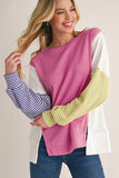 Pink Multi Waffle Patchwork Striped Sleeve Long Sleeve Shirt