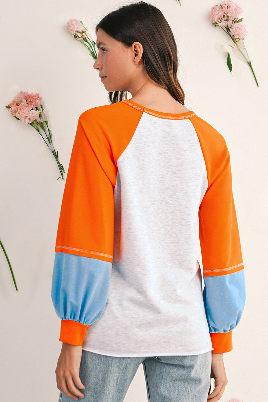 Light Grey Colorblock Raglan Sleeve Loose Fit Top