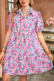Pink Multi Floral Button-Up Puff Sleeve A-Line Mini Dress