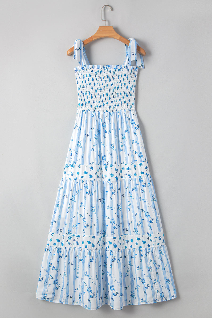 Blue Floral Striped Smocked A-Line Tie Strap Maxi Dress