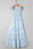 Blue Floral Striped Smocked A-Line Tie Strap Maxi Dress