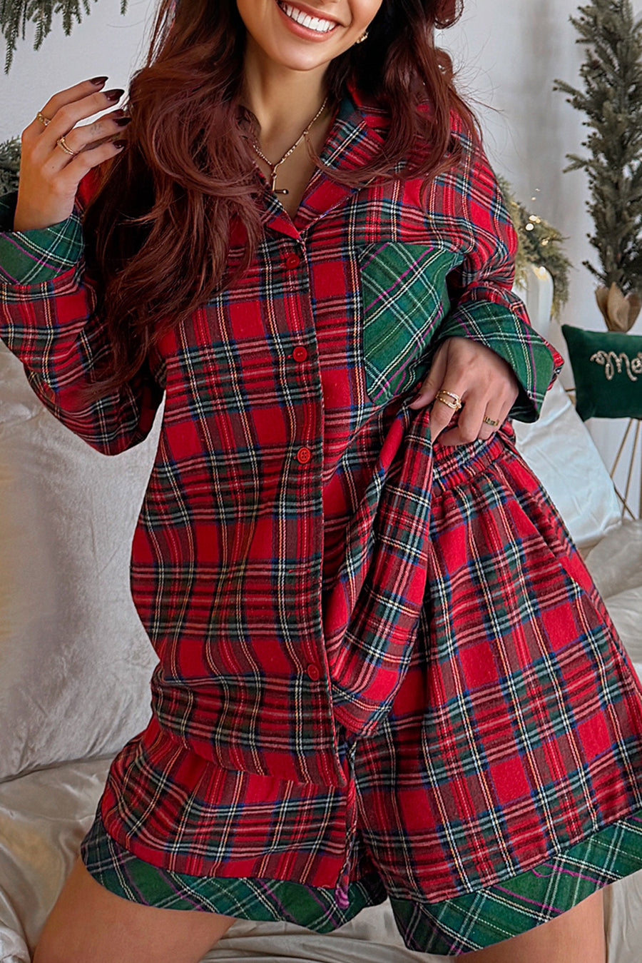 Red Plaid Contrast Color Long Sleeve Pajama Set- 3 Options