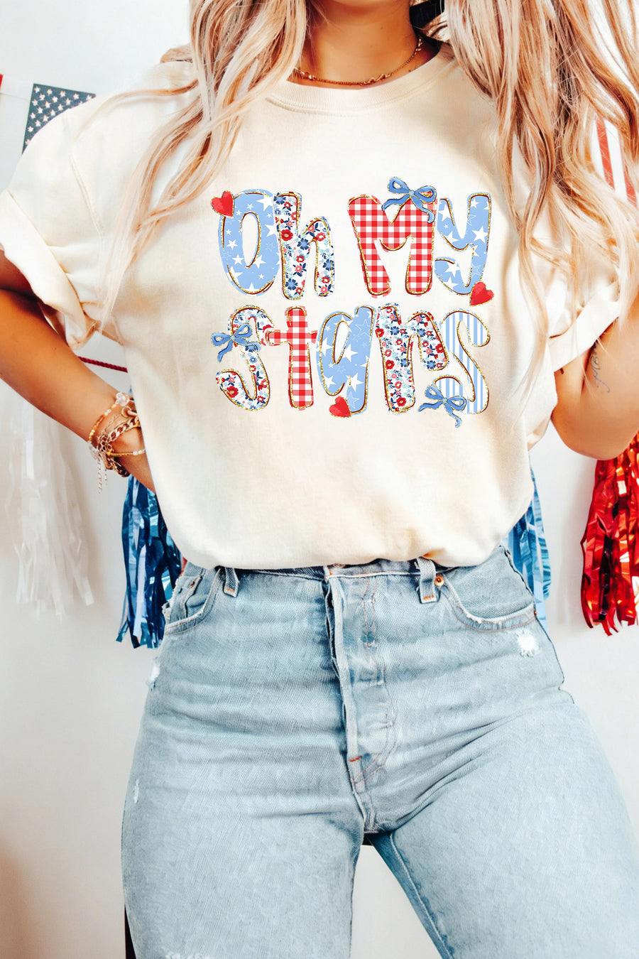White Oh My Stars Patchwork Print Graphic T-Shirt