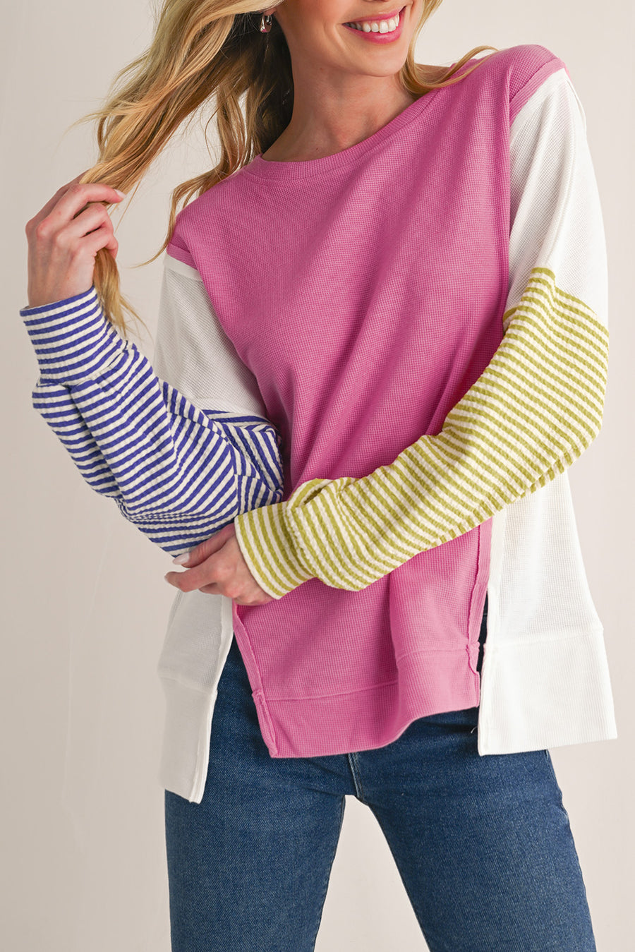 Pink Multi Waffle Patchwork Striped Sleeve Long Sleeve Shirt