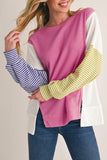 Pink Multi Waffle Patchwork Striped Sleeve Long Sleeve Shirt