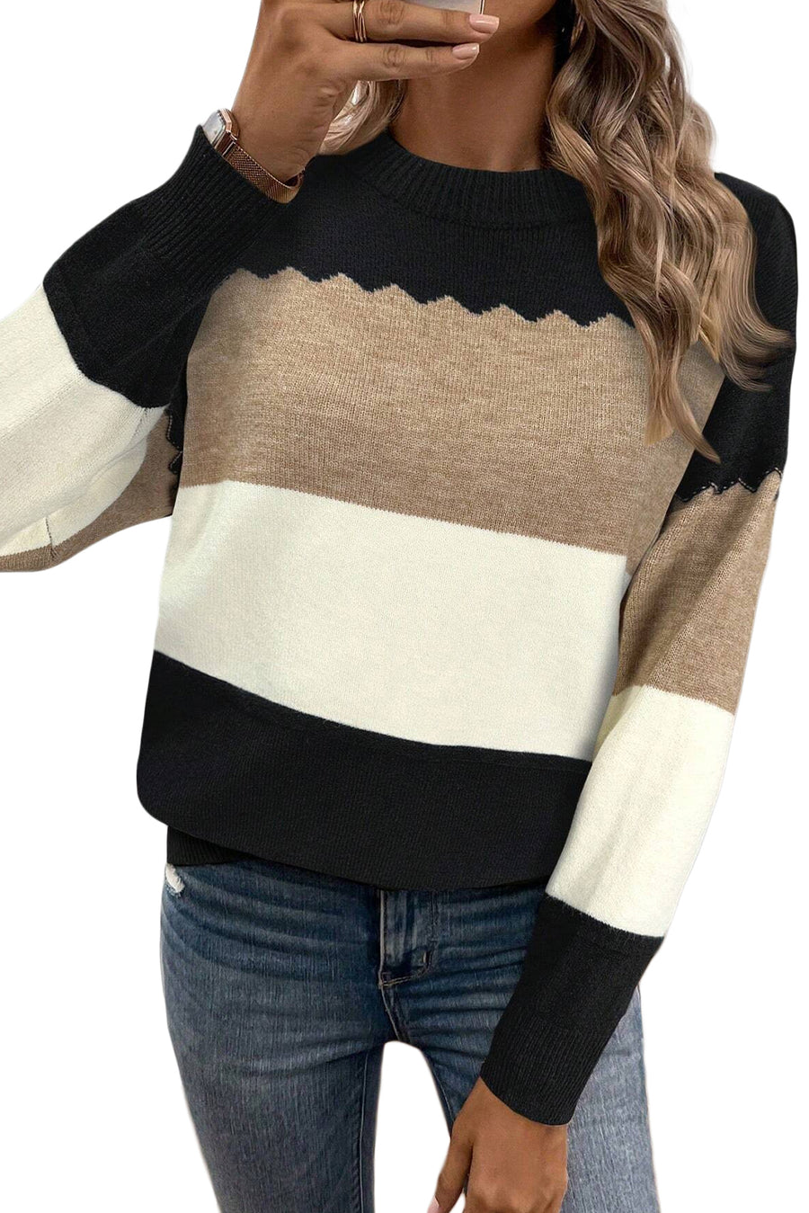 Color Block Crew Neck Drop Shoulder Scallop Detail Sweater- 3 Colors