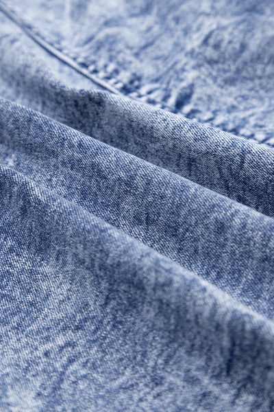 Blue Frill Square Neck Puff Sleeve Backless Denim Dress