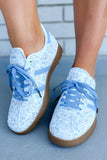 Light Blue Floral Print PU Leather Sneakers