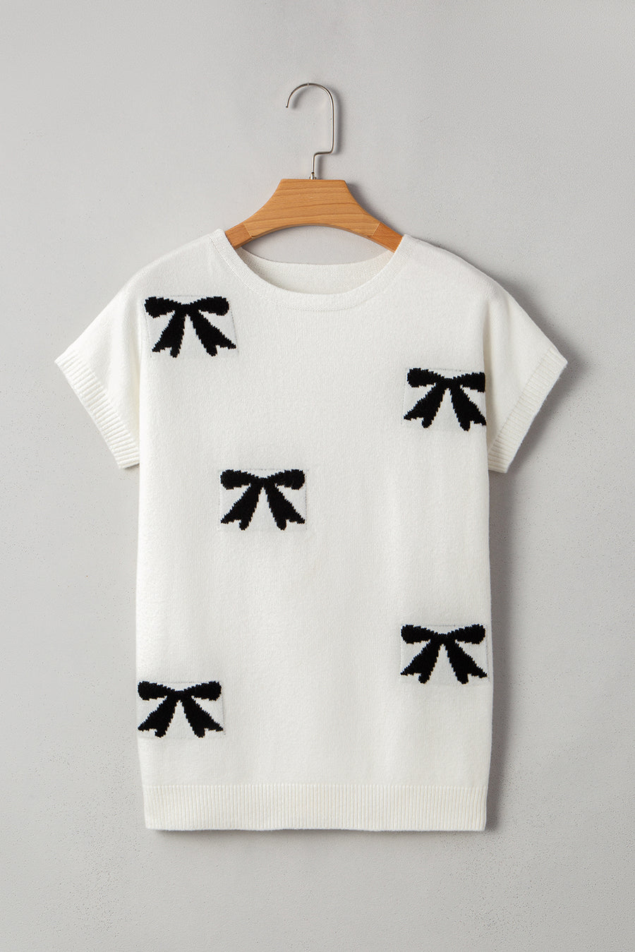 Black Bow Pattern Short Sleeve Knit Sweater