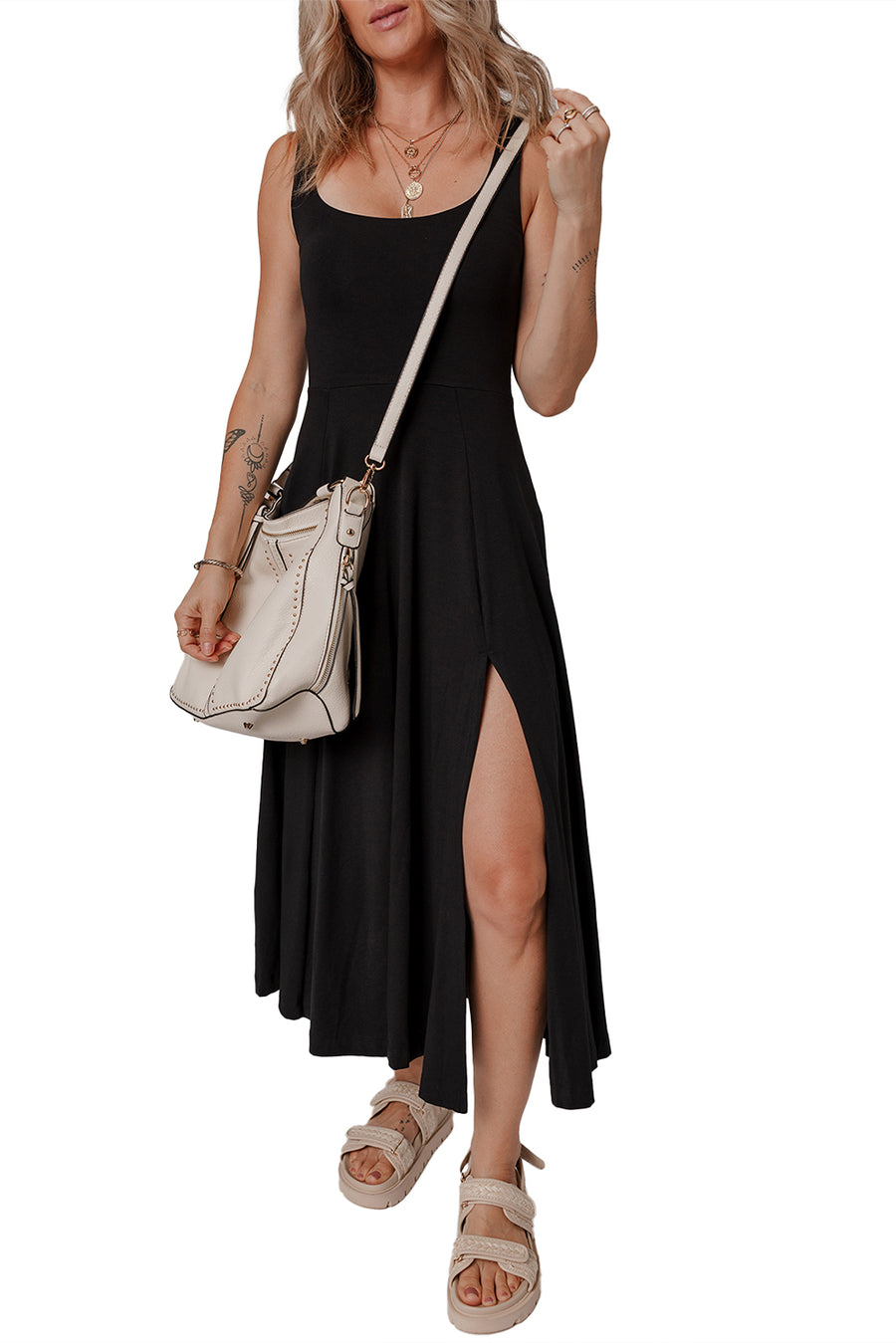 Black Sleeveless Scoop Neck Flared Front Slit Midi Dress