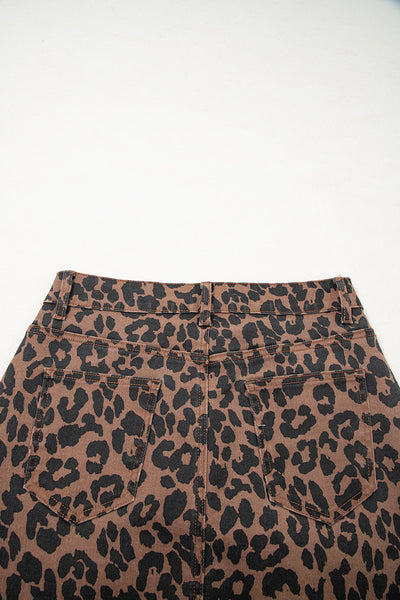 Sky Blue Leopard Frayed Split Denim Midi Skirt