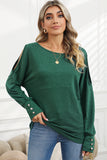 Green Boat Neck Cutout Long Sleeve Blouse with Button Detail Cuffs
