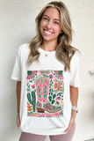 White Boots Flower Heat Transfer Printing Crew Neck Graphic Loose Tee