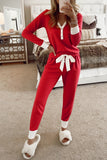 Red & White Trim Button-Up V-Neck Long Sleeve Top and Pants Pajama Set