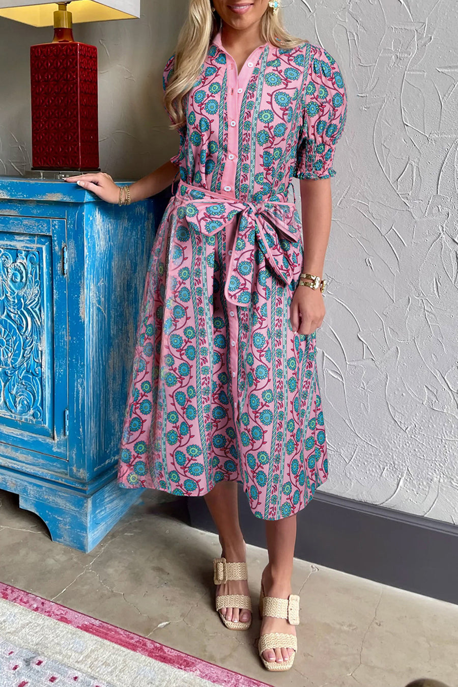 Pink Bohemian Floral Shirred Short Sleeve Belted Midi Dress