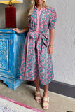Pink Bohemian Floral Shirred Short Sleeve Belted Midi Dress