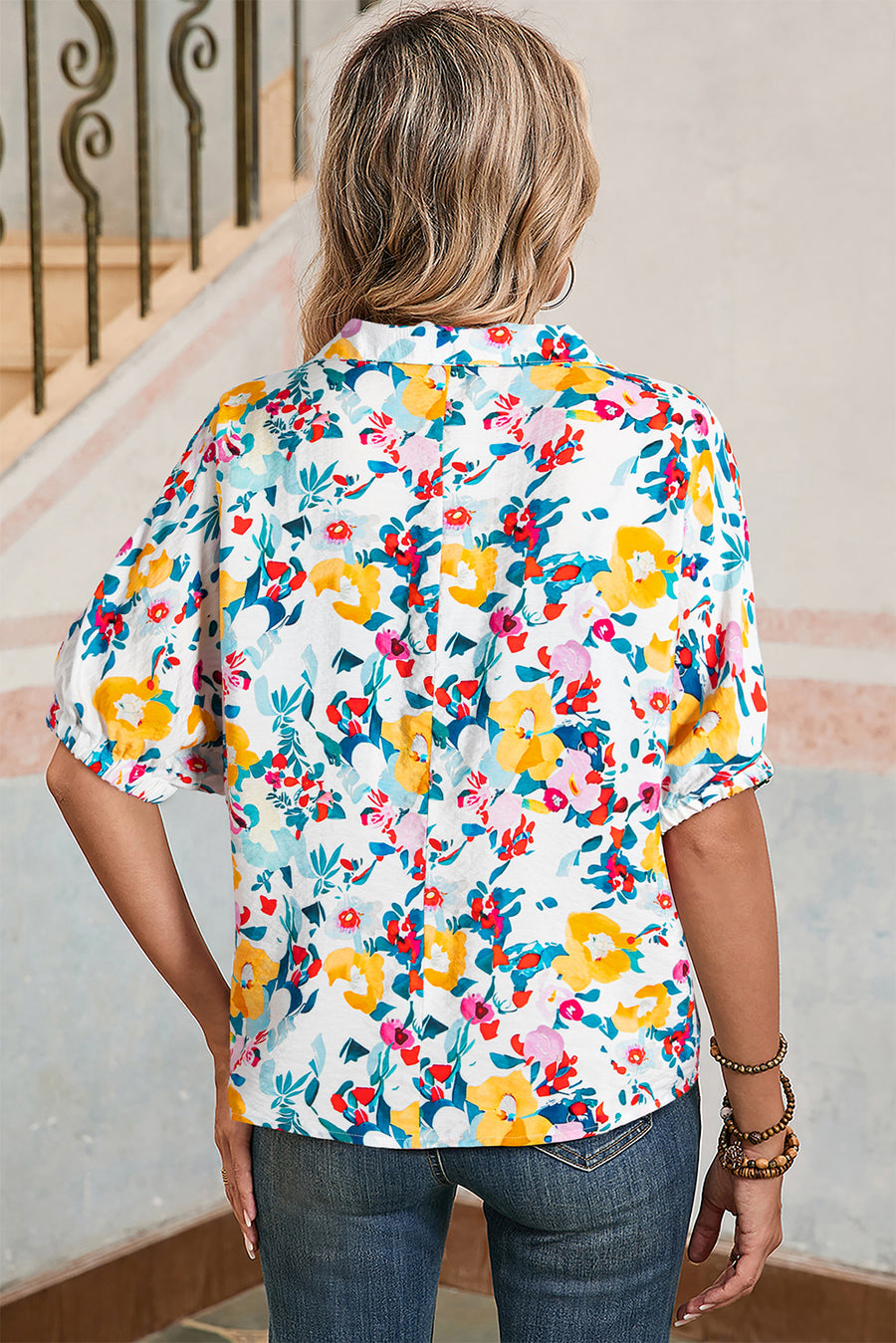 Floral V-Neck Contrast Trim Short Sleeve Blouse- 2 Colors