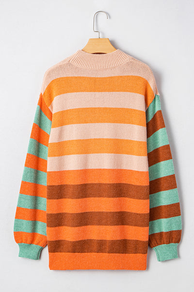 Orange Striped Colorblock High Neck Drop Shoulder Cozy Sweater