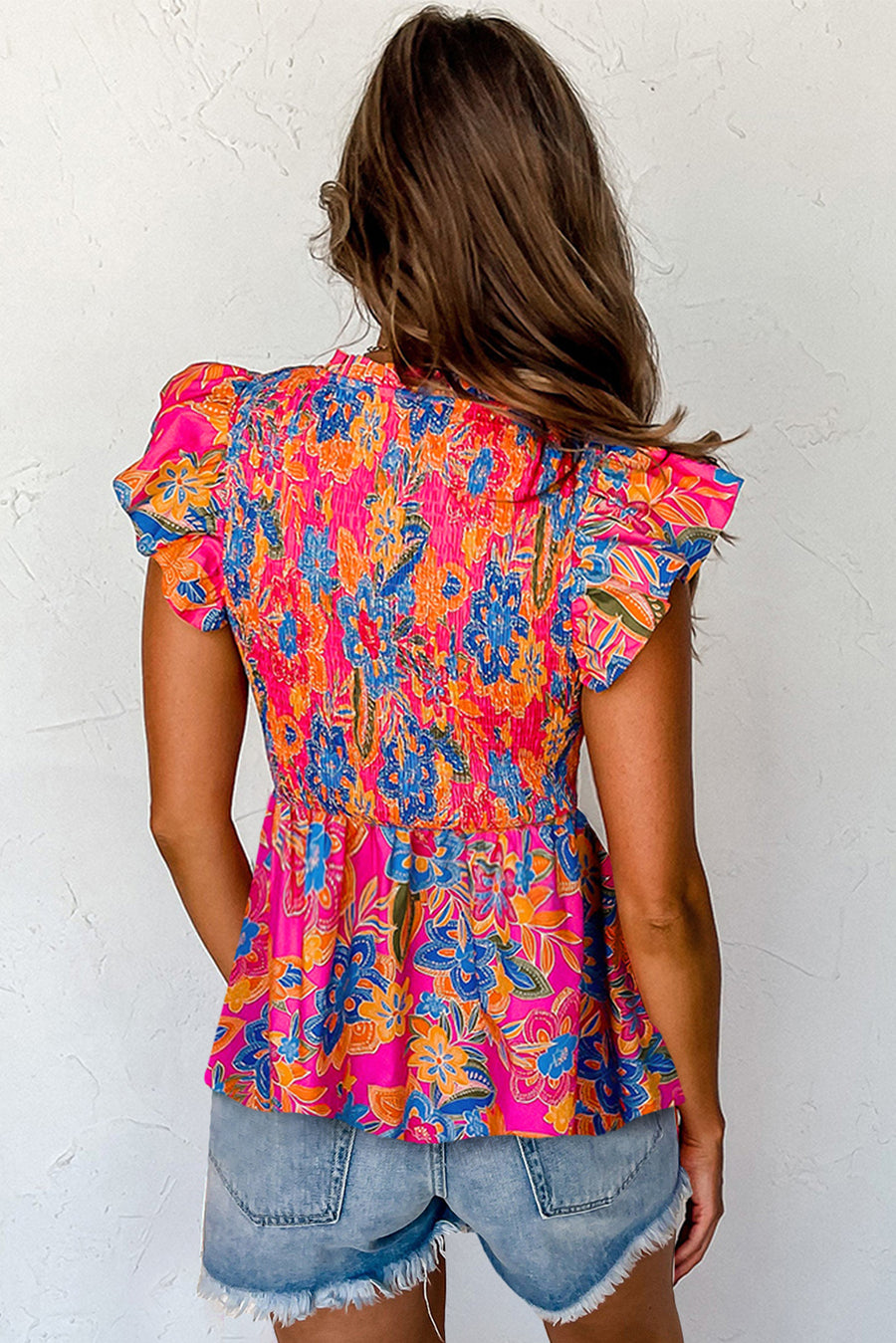 Neon Pink Floral Frill V-Neck Smocked Peplum Blouse