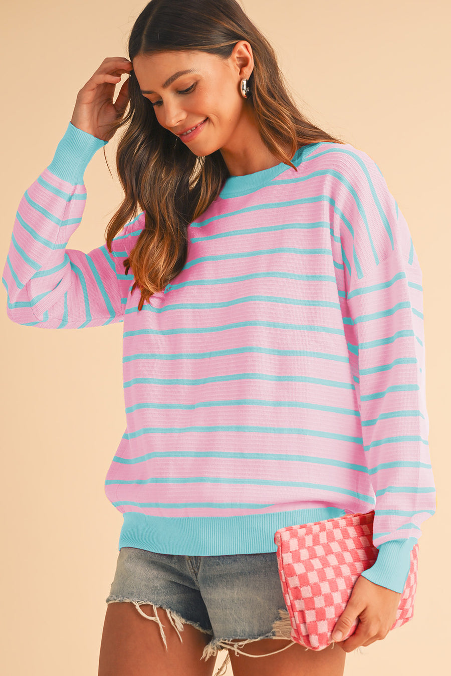 Striped Crew Neck Drop Shoulder Loose Sweater- 3 Colors