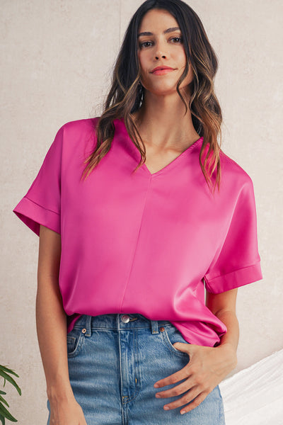 Bright Pink V-Neck Dolman Sleeve Loose Top