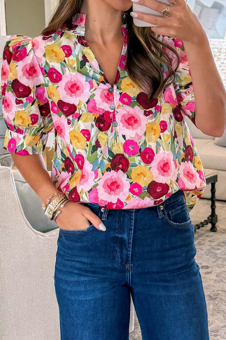 Pink Floral Frilled V-Neck Puff Short Sleeve Blouse