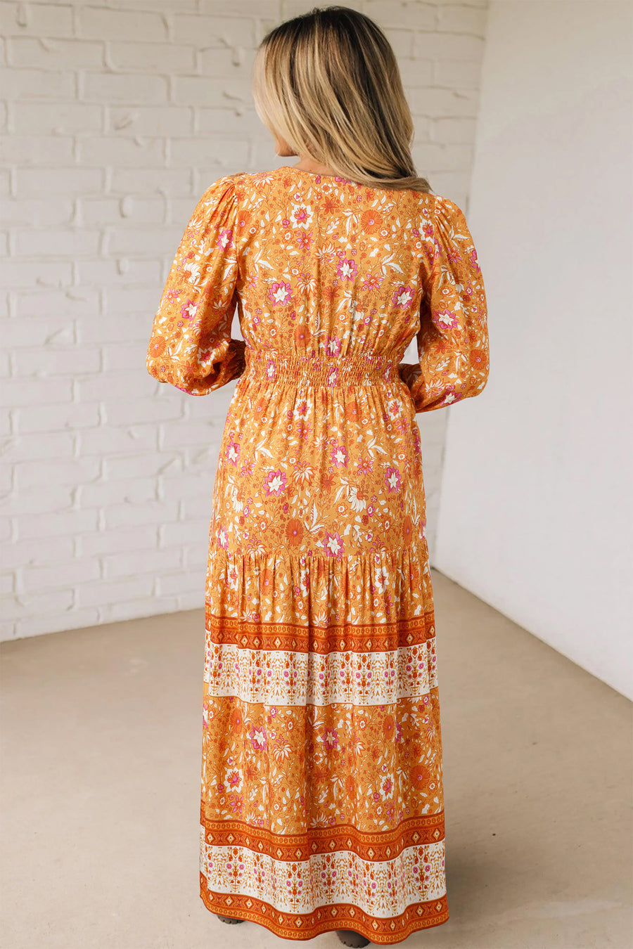 Orange Bohemian Floral Print Smocked Waist Long Sleeve Maxi Dress