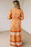 Orange Bohemian Floral Print Smocked Waist Long Sleeve Maxi Dress
