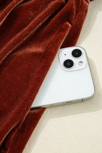 Clay Elastic V Neck Puff Sleeve Flowy Velvet Dress