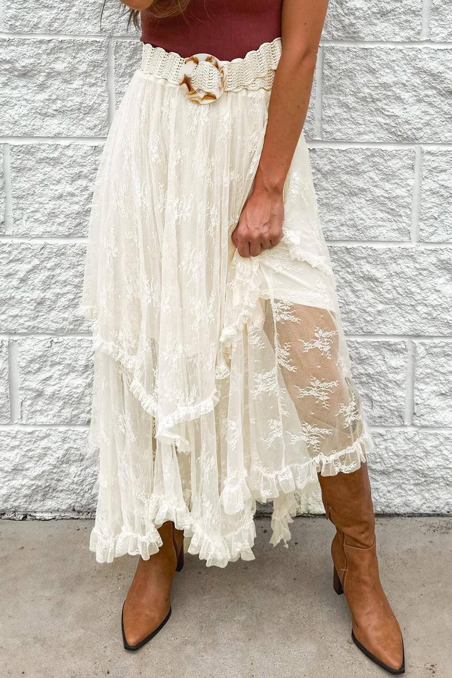 Beige Lace Cascading Tiered High-Waist Maxi Skirt