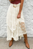Beige Lace Cascading Tiered High-Waist Maxi Skirt