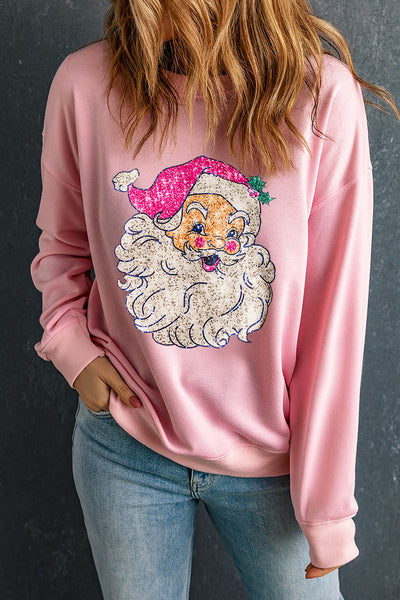 Pink Christmas Santa Claus Graphic Print Heat Transfer Drop Shoulder Sweatshirt