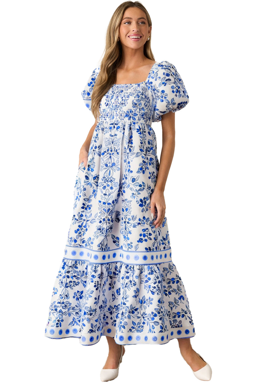 Blue Multi Floral Print Square Neck Bubble Sleeve High Waist Maxi Dress