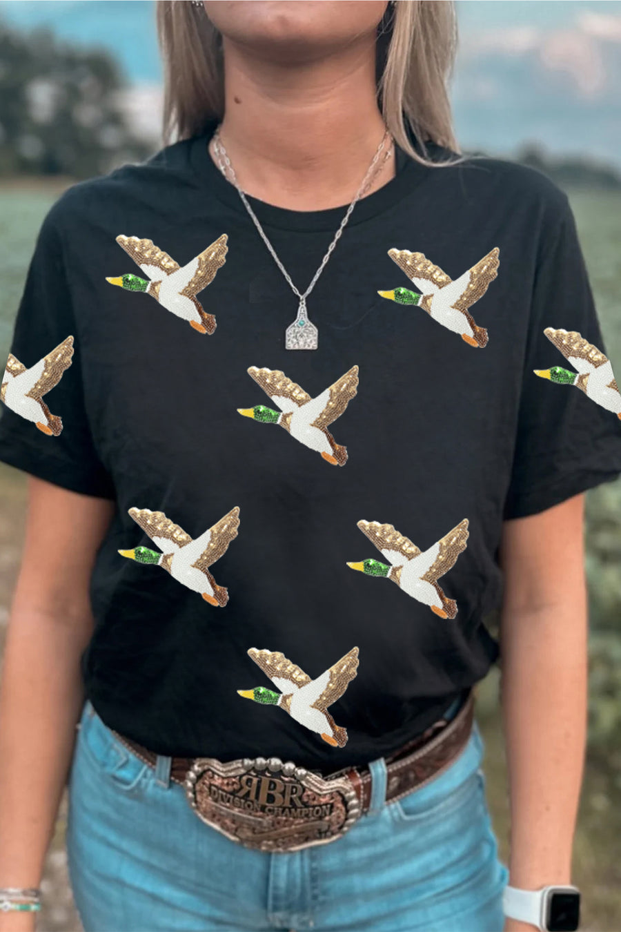 Black Sequin Mallard Duck Graphic T-Shirt