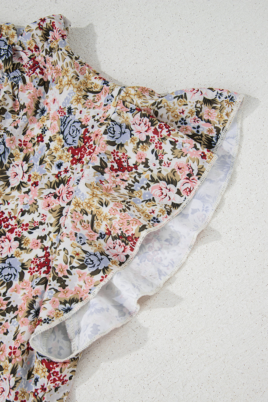 Multicolored Floral Frilled Neck Ruffled Short Sleeve Button-Up Blouse