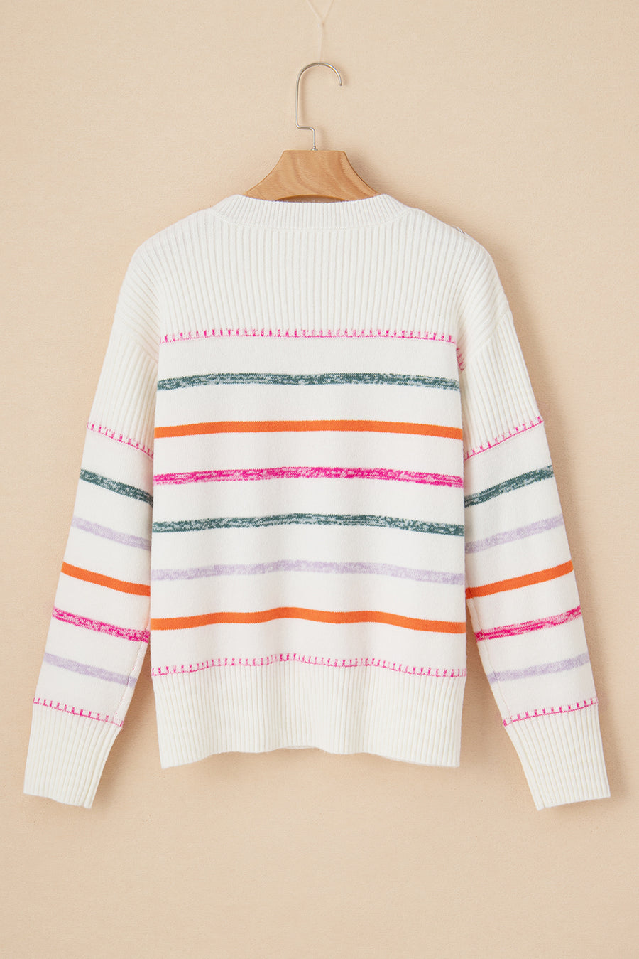 Multicolored Striped Ribbed Trim Crew Neck Sweater- 2 Colors