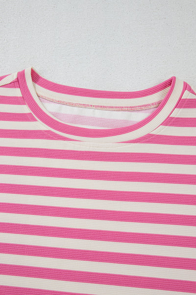 Pink Striped Crew Neck T-Shirt and Drawstring Shorts Set