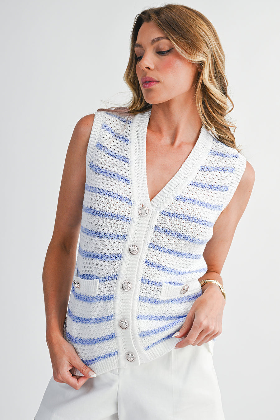 Striped V-Neck Button-Up Knit Vest- 2 Colors
