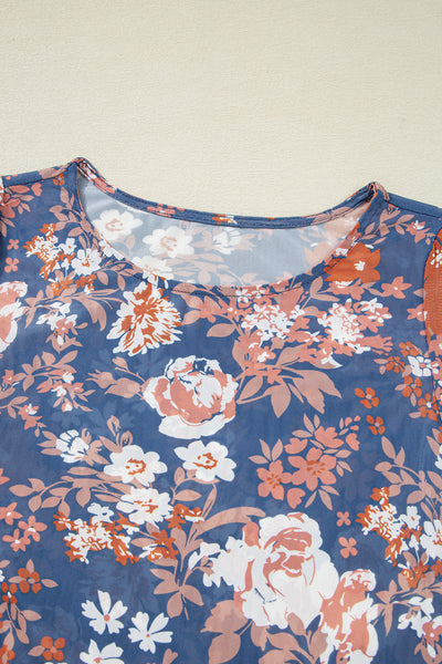 Orchid Petal Allover Floral Print Mesh Long Sleeve Top