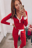 Red & White Trim Button-Up V-Neck Long Sleeve Top and Pants Pajama Set