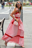Red Striped Tie Straps Contrast Trim High Waist Ruffle Hem Maxi Dress