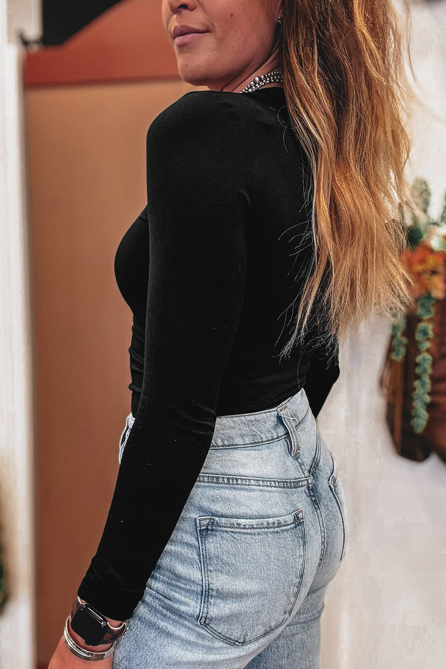 Chestnut Solid Color Long Sleeve Slim Fit Top