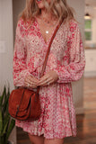 Pink Bohemian Floral Print Tassel Tie Long Sleeve Flowy Mini Dress