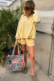Butter Yellow Button-Up Collared Drop Shoulder Sweatshirt and Shorts Set